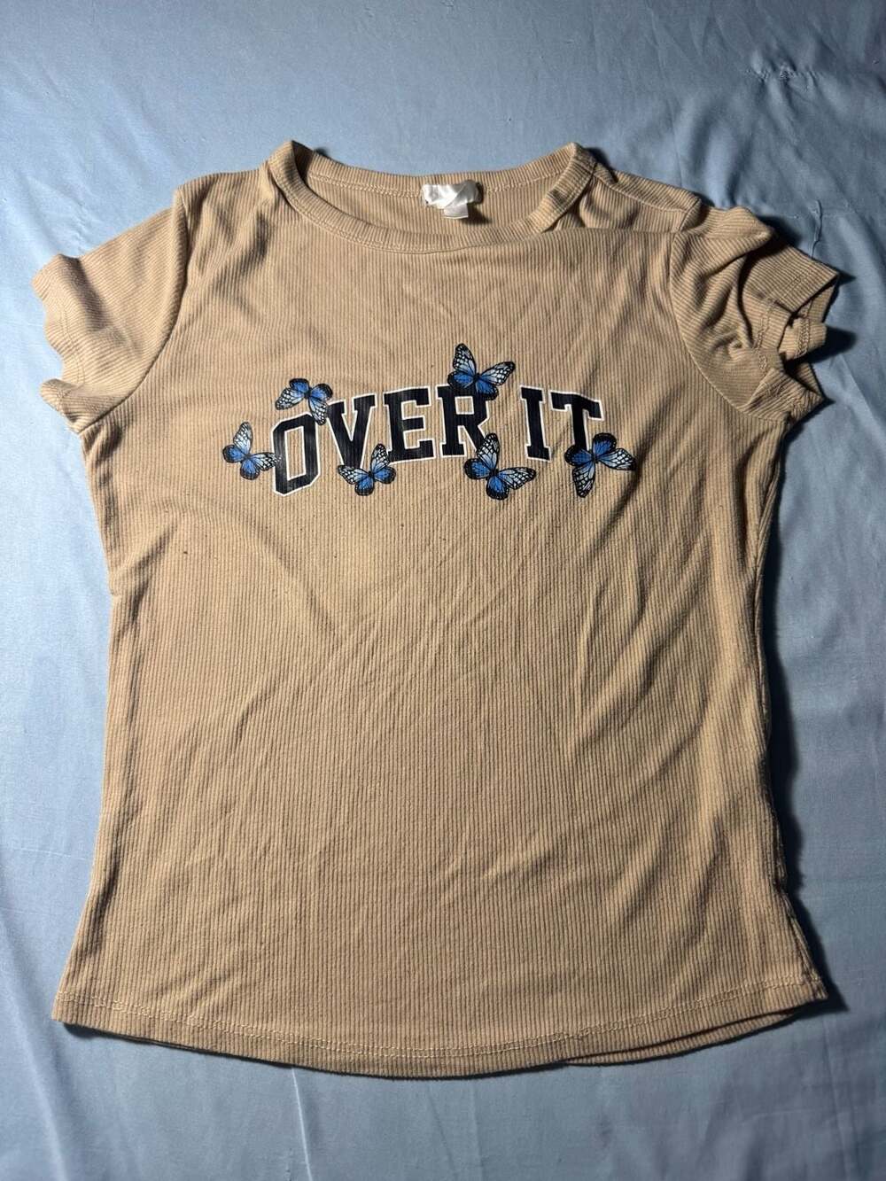 Orange Kiss Over It Butterfly Print Ribbed Top Size L